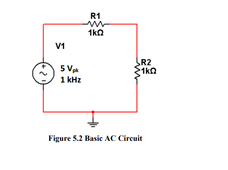 R1
1k2
V1
R2
1kn
5 Vpk
1 kHz
Figure 5.2 Basic AC Circuit
