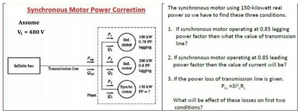 Synchronous Motor Power Correction
The synchronous motor using 150-kilowatt real
power so we have to find these three conditions.
Assume
1. If synchronous motor operating at 0.85 lagging
power factor then what the value of transmission
line?
VL = 480 V
100 kW
Ind.
0.78 PF
motor
lagging
200 kW
0.8 PF
lagging
2. If synchronous motor operating at 0.85 leading
power factor then the value of current will be?
Ind.
Infinite bus
Transmission line
motor
3. If the power loss of transmission line is given.
Synchr. 150 kW
PF=?
Pu =312 RL
motor
Plant
What will be effect of these losses on first two
conditions?
