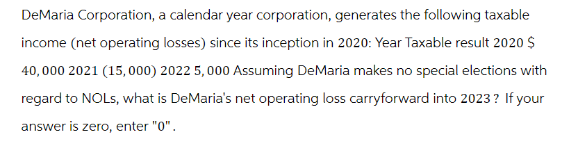 DeMaria Corporation, a calendar year corporation, generates the following taxable
income (net operating losses) since its inception in 2020: Year Taxable result 2020 $
40,000 2021 (15, 000) 2022 5,000 Assuming DeMaria makes no special elections with
regard to NOLS, what is DeMaria's net operating loss carryforward into 2023? If your
answer is zero, enter "0".