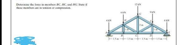 Determine the force in members BC, HC. and HG. State if
these members are in tension or compression.
4KN
6KN
12 KN
9KN
1 m
6 KN
-1.5m-1.5m 15m 15m-