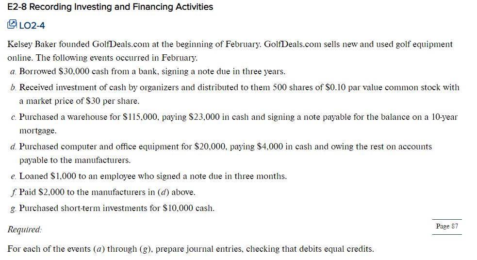 E2-8 Recording Investing and Financing Activities
LO2-4
Kelsey Baker founded GolfDeals.com at the beginning of February. GolfDeals.com sells new and used golf equipment
online. The following events occurred in February.
a. Borrowed $30,000 cash from a bank, signing a note due in three years.
b. Received investment of cash by organizers and distributed to them 500 shares of $0.10 par value common stock with
a market price of $30 per share.
c. Purchased a warehouse for $115,000, paying $23,000 in cash and signing a note payable for the balance on a 10-year
mortgage.
d. Purchased computer and office equipment for $20,000, paying $4,000 in cash and owing the rest on accounts
payable to the manufacturers.
e. Loaned $1,000 to an employee who signed a note due in three months.
f. Paid $2,000 to the manufacturers in (d) above.
g. Purchased short-term investments for $10,000 cash.
Required:
For each of the events (a) through (g), prepare journal entries, checking that debits equal credits.
Page 87