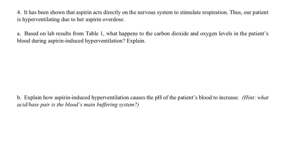 4. It has been shown that aspirin acts directly on the nervous system to stimulate respiration. Thus, our patient
is hyperventilating due to her aspirin overdose.
a. Based on lab results from Table 1, what happens to the carbon dioxide and oxygen levels in the patient’s
blood during aspirin-induced hyperventilation? Explain.
b. Explain how aspirin-induced hyperventilation causes the pH of the patient's blood to increase. (Hint.: what
acid/base pair is the blood's main buffering system?)
