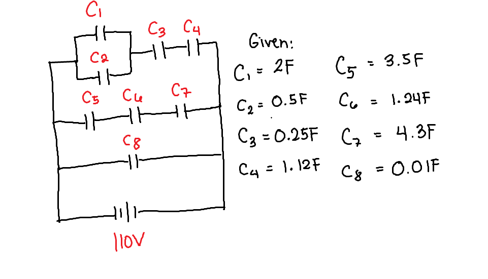 Ci
C3 C4
Given:
Ca
C, - 2F
C5
- 3.5F
C5 Cu
C7
C2 = 0.5F
Co
= 1. 24F
C8
C3 = 0.25F C2
4.3F
Cy : 1. 12F
C8
= 0.0 IF
1lov
