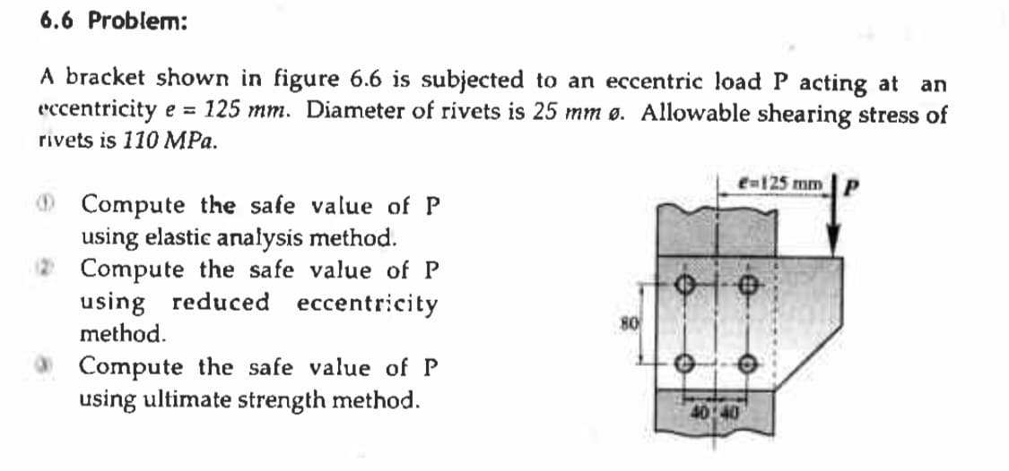6.6 Problem:
A bracket shown in figure 6.6 is subjected to an eccentric load P acting at an
eccentricity e = 125 mm. Diameter of rivets is 25 mm ø. Allowable shearing stress of
rivets is 110 MPa.
Compute the safe value of P
using elastic analysis method.
Compute the safe value of P
using reduced eccentricity
method.
Compute the safe value of P
using ultimate strength method.
80
e-125 mm
40:40