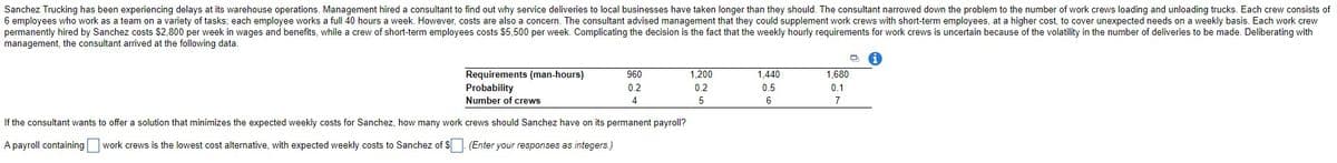 Sanchez Trucking has been experiencing delays at its warehouse operations. Management hired a consultant to find out why service deliveries to local businesses have taken longer than they should. The consultant narrowed down the problem to the number of work crews loading and unloading trucks. Each crew consists of
6 employees who work as a team on a variety of tasks; each employee works a full 40 hours a week. However, costs are also a concern. The consultant advised management that they could supplement work crews with short-term employees, at a higher cost, to cover unexpected needs on a weekly basis. Each work crew
permanently hired by Sanchez costs $2,800 per week in wages and benefits, while a crew of short-term employees costs $5,500 per week. Complicating the decision is the fact that the weekly hourly requirements for work crews is uncertain because of the volatility in the number of deliveries to be made. Deliberating with
management, the consultant arrived at the following data.
Q
1,680
Requirements (man-hours)
Probability
Number of crews
960
0.2
1,200
0.2
1,440
0.5
0.1
4
5
6
7
If the consultant wants to offer a solution that minimizes the expected weekly costs for Sanchez, how many work crews should Sanchez have on its permanent payroll?
A payroll containing work crews is the lowest cost alternative, with expected weekly costs to Sanchez of $. (Enter your responses as integers.)
