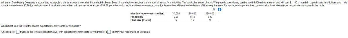 Wingman Distributing Company is expanding its supply chain to include a new distribution hub in South Bend. A key decision involves the number of trucks for the facility. The particular model of truck Wingman is considering can be used 6,000 miles a month and will cost $1,100 a month in capital costs. In addition, each mile
a truck is used costs $0.90 for maintenance. A local truck rental firm will rent trucks at a cost of $1.80 per mile, which includes the maintenance costs for those miles. Given the distribution of likely requirements for trucks, management has come up with three alternatives to consider as shown in the table.
D
90,000
120,000
Monthly requirements (miles)
Probability
30,000
0.20
5
0.40
15
0.40
20
Fleet size (trucks)
Which fleet size will yield the lowest expected monthly costs for Wingman?
A fleet size of
trucks is the lowest cost alternative, with expected monthly costs to Wingman of $ (Enter your responses as integers.)