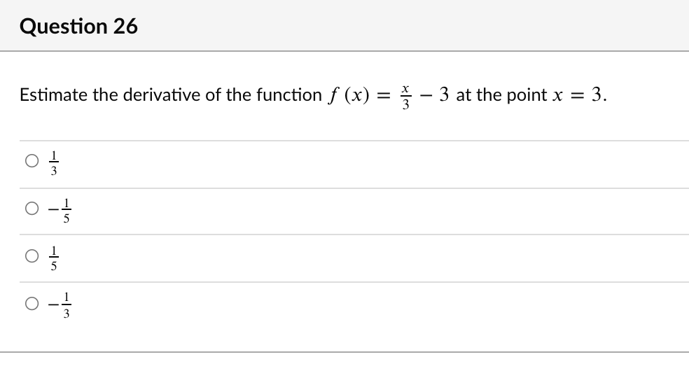 Question 26
Estimate the derivative of the function f (x)
*- 3 at the point x = 3.
