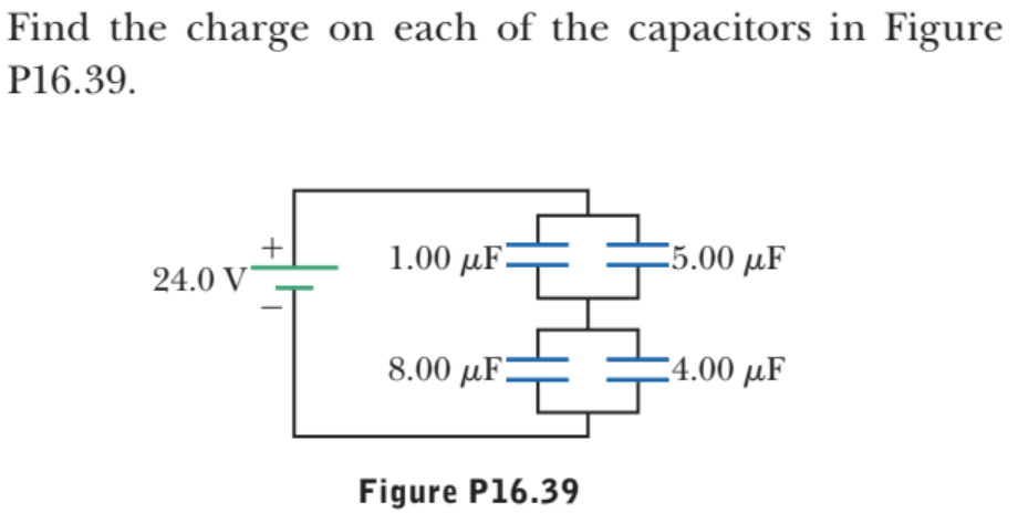 Find the charge on each of the capacitors in Figure
P16.39.
1.00 µF:
C5.00 µF
24.0 V'
8.00 µF:
4.00 µF
Figure P16.39
