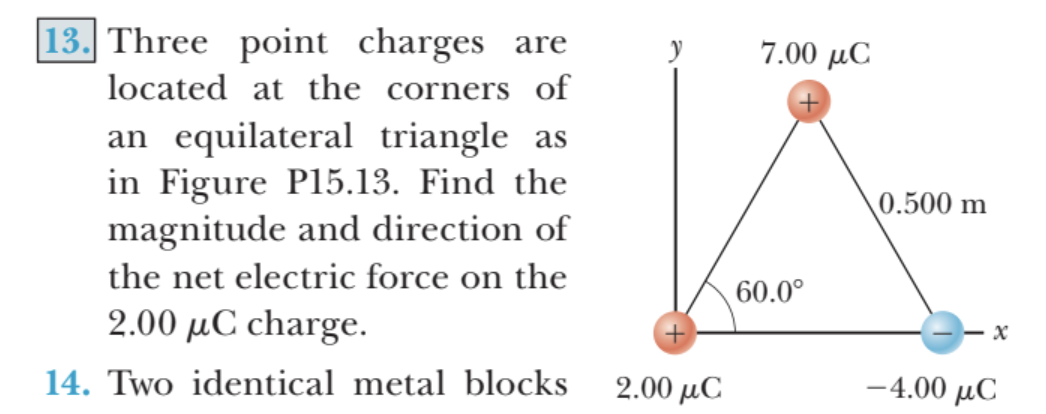 Three point charges are
located at the corners of
7.00 µC
an equilateral triangle as
in Figure P15.13. Find the
magnitude and direction of
\0.500 m
the net electric force on the
60.0°
2.00 µC charge.
