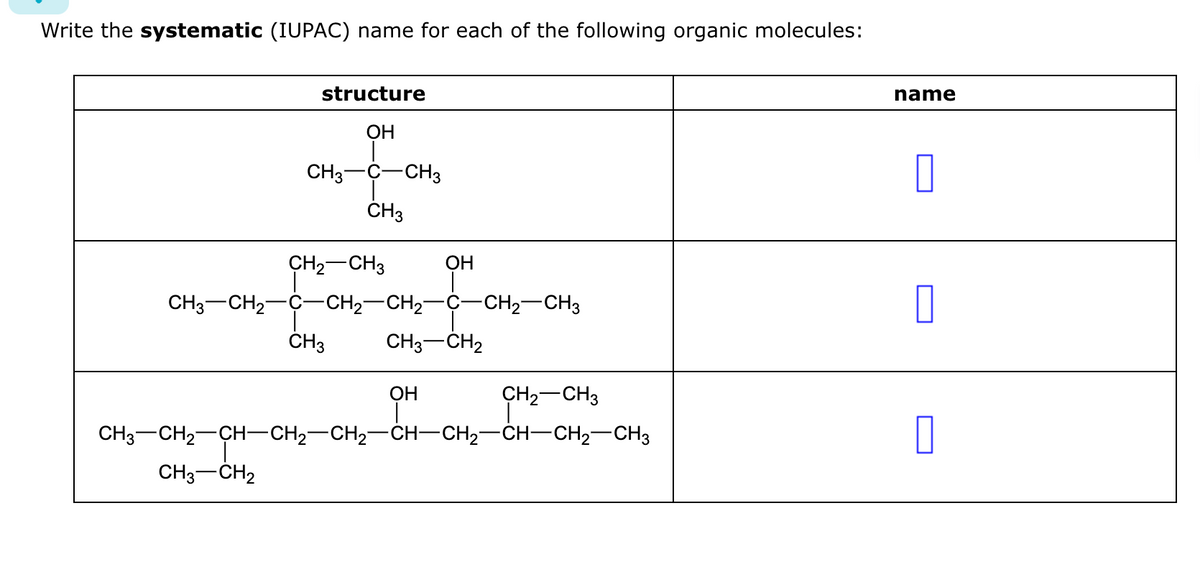 Write the systematic (IUPAC) name for each of the following organic molecules:
structure
OH
CH3 C CH3
CH3
CH₂ CH3
CH3CH2C–CH2–CH2C−CH2CH3
CH3 CH2
OH
CH3 CH3-CH₂
OH
CH₂ CH3
CH3—CH,—CH–CH2–CH2–CH–CH2–CH-CH2CH3
name