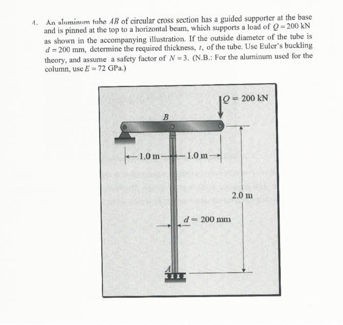 1. An aluminum tube AB of circular cross section has a guided supporter at the base
and is pinned at the top to a horizontal beam, which supports a load of Q=200 kN
as shown in the accompanying illustration. If the outside diameter of the tube is
d=200 mm, determine the required thickness, t, of the tube. Use Euler's buckling
theory, and assume a safety factor of N=3. (N.B.: For the aluminum used for the
column, use E = 72 GPa.)
-1.0
1.0 m
B
THI
1.0 m-
Jº=
d = 200 mm
200 KN
2.0 m