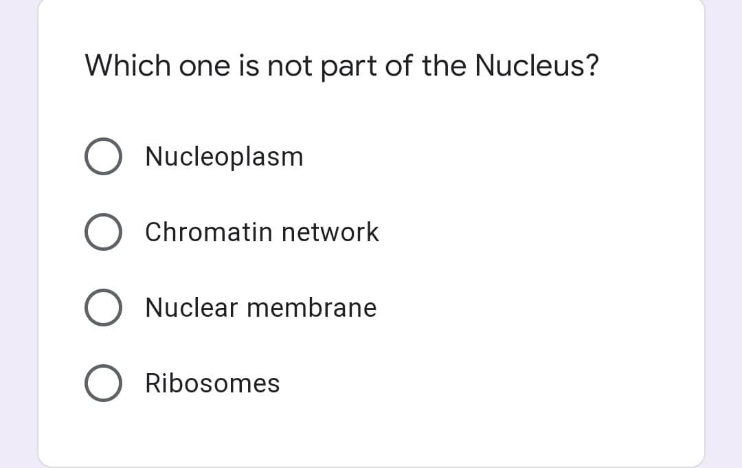 Which one is not part of the Nucleus?
Nucleoplasm
Chromatin network
Nuclear membrane
Ribosomes
