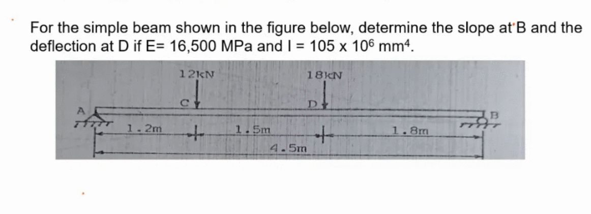 For the simple beam shown in the figure below, determine the slope at'B and the
deflection at D if E= 16,500 MPa and I = 105 x 106 mm4.
%3D
12KN
18KN
D.
1.2m
1.5m
1.8m
4.5m
