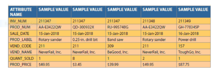 ATTRIBUTE SAMPLE VALUE SAMPLE VALUE SAMPLE VALUE SAMPLE VALUE SAMPLE VALUE
NAME
INV_NUM
211347
211347
211347
211348
211349
PROD_NUM
AA-E3422QW
QD-300932X
RU-995748G
AA-E3422QW
GH-778345P
SALE_DATE
PROD_LABEL
15-Jan-2018
15-Jan-2018
15-Jan-2018
15-Jan-2018
16-Jan-2018
Rotary sander
0.25-in. drill bit
Band saw
Rotary sander
Power drill
VEND_CODE
211
211
309
211
157
NeverFail, Inc.
VEND_NAME
QUANT_SOLD 1
NeverFail, Inc.
BeGood, Inc.
NeverFail, Inc.
ToughGo, Inc.
PROD_PRICE
$49.95
$3.45
$39.99
$49.95
$87.75
