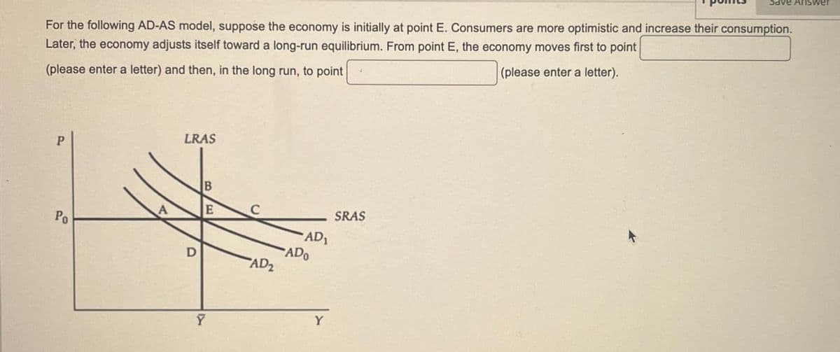 Save Answer
For the following AD-AS model, suppose the economy is initially at point E. Consumers are more optimistic and increase their consumption.
Later, the economy adjusts itself toward a long-run equilibrium. From point E, the economy moves first to point
(please enter a letter) and then, in the long run, to point
P
LRAS
B
A
E
C
SRAS
Po
AD₁
ADO
D
AD₂
8
Y
(please enter a letter).