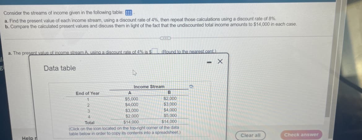 Consider the streams of income given in the following table:
a. Find the present value of each income stream, using a discount rate of 4%, then repeat those calculations using a discount rate of 8%.
b. Compare the calculated present values and discuss them in light of the fact that the undiscounted total income amounts to $14,000 in each case.
a. The present value of income stream A. using a discount rate of 4% is §.
(Round to the nearest cent)
Data table
Income Stream
End of Year
A
$5,000
$4,000
$3,000
$2,000
$2,000
$3,000
1
$4,000
4
$5,000
Total
$14,000
$14,000
(Click on the icon located on the top-right corner of the data
table below in order to copy its contents into a spreadsheet.)
Clear all
Check answer
Help r
