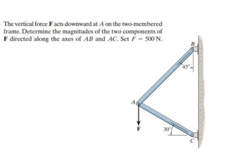 The vertical force F acts downward at A on the two-membered
frame. Determine the magnitudes of the two components of
F directed along the axes of AB and AC. Set F 500 N.
45
A
30
