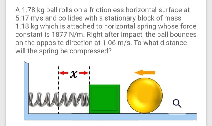 A 1.78 kg ball rolls on a frictionless horizontal surface at
5.17 m/s and collides with a stationary block of mass
1.18 kg which is attached to horizontal spring whose force
constant is 1877 N/m. Right after impact, the ball bounces
on the opposite direction at 1.06 m/s. To what distance
will the spring be compressed?
