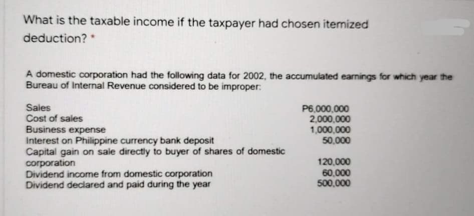 What is the taxable income if the taxpayer had chosen itemized
deduction? *
A domestic corporation had the following data for 2002, the accumulated earnings for which year the
Bureau of Internal Revenue considered to be improper:
Sales
Cost of sales
Business expense
Interest on Philippine currency bank deposit
Capital gain on sale directly to buyer of shares of domestic
corporation
Dividend income from domestic corporation
Dividend declared and paid during the year
P6,000,000
2,000,000
1,000,000
50,000
120,000
60,000
500,000
