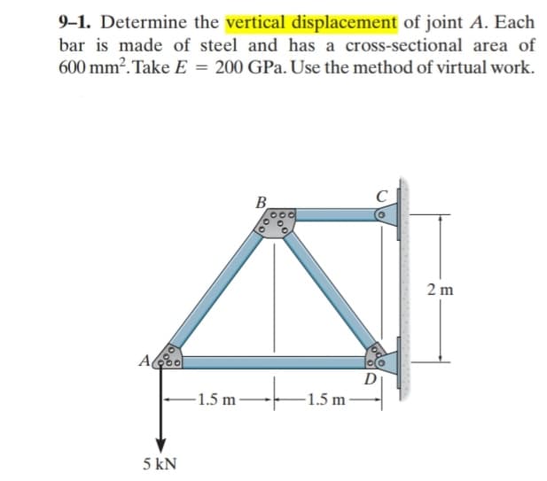 9–1. Determine the vertical displacement of joint A. Each
bar is made of steel and has a cross-sectional area of
600 mm². Take E = 200 GPa. Use the method of virtual work.
B.
2 m
D
-1.5 m
-1.5 m
5 kN
Poo
