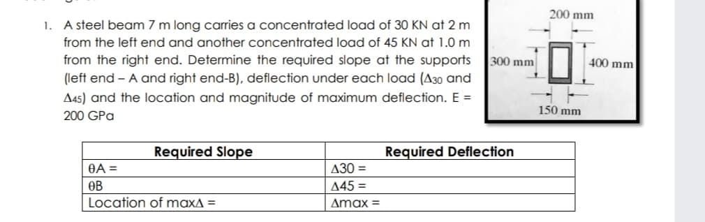 200 mm
1. A steel beam 7 m long carries a concentrated load of 30 KN at 2 m
from the left end and another concentrated load of 45 KN at 1.0 m
from the right end. Determine the required slope at the supports
(left end – A and right end-B), deflection under each load (A30 and
300 mm
400 mm
A45) and the location and magnitude of maximum deflection. E =
150 mm
200 GPa
Required Slope
Required Deflection
OA =
A30 =
ӨВ
445 =
Location of maxA =
Amax =
