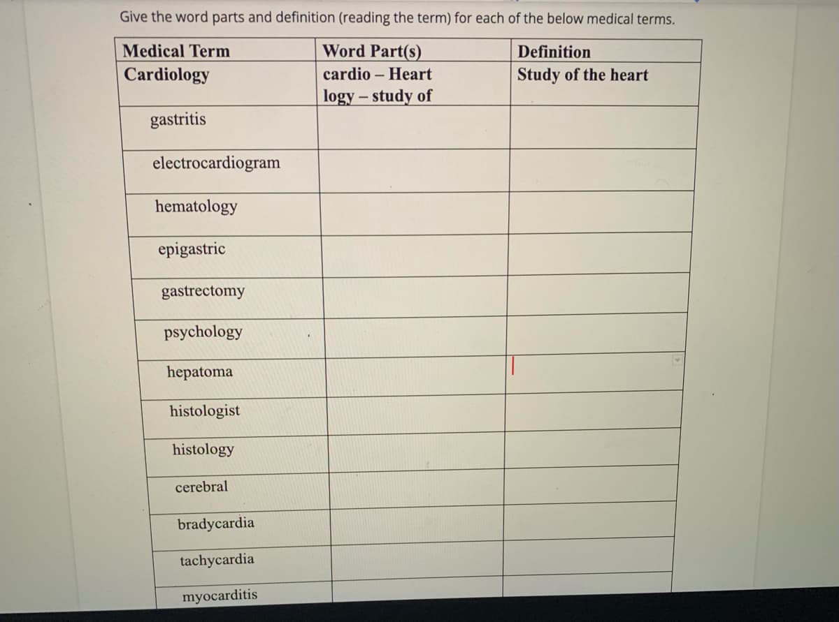 Give the word parts and definition (reading the term) for each of the below medical terms.
Medical Term
Word Part(s)
Definition
Cardiology
cardio – Heart
Study of the heart
logy – study of
gastritis
electrocardiogram
hematology
epigastric
gastrectomy
psychology
hepatoma
histologist
histology
cerebral
bradycardia
tachycardia
myocarditis
