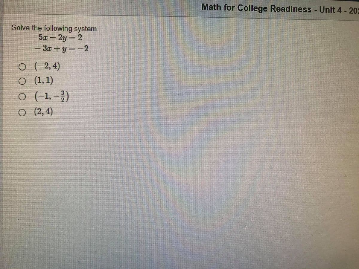 Math for College Readiness - Unit 4 - 202
Solve the following system.
Ба - 2у — 2
- 30 + y=-2
O (-2,4)
(1, 1)
(-1, –})
(2, 4)
