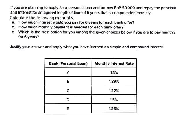 If you are planning to apply for a personal loan and borrow PhP 50,000 and repay the principal
and Interest for an agreed length of time of 6 years that is compounded monthly.
Calculate the following manually.
a. How much Interest would you pay for 6 years for each bank offer?
b. How much monthly payment is needed for each bank offer?
c. Which is the best option for you among the given choices below if you are to pay monthly
for 6 years?
Justify your answer and apply what you have learned on simple and compound interest.
Bank (Personal Loan) Monthly Interest Rate
A
B
с
D
E
1.3%
1.89%
1.22%
1.5%
1.25%