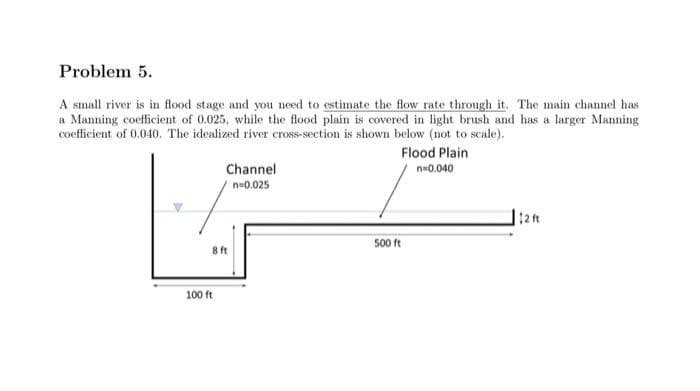 Problem 5.
A small river is in flood stage and you need to estimate the flow rate through it. The main channel has
a Manning coefficient of 0.025, while the flood plain is covered in light brush and has a larger Manning
coefficient of 0.040. The idealized river cross-section is shown below (not to scale).
Flood Plain
Channel
n-0.040
n=0.025
:2tt
500 t
8 ft
100 ft
