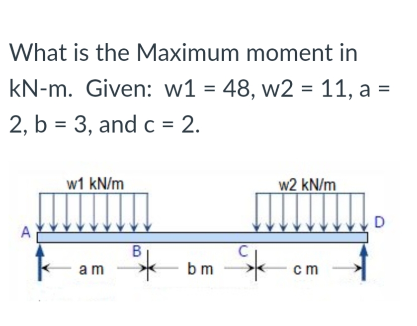 What is the Maximum moment in
kN-m. Given: w1 = 48, w2 = 11, a =
2, b = 3, andc = 2.
w1 kN/m
w2 kN/m
D
A
am
b m
cm
B.
