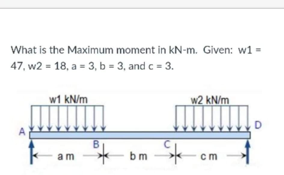 What is the Maximum moment in kN-m. Given: w1 =
47, w2 = 18, a = 3, b = 3, and c = 3.
w1 kN/m
w2 kN/m
D
А
am
bm
cm
