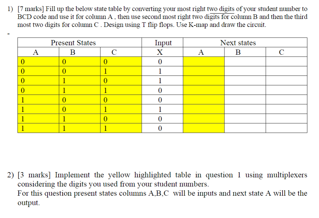 1) [7 marks] Fill up the below state table by converting your most right two digits of your student number to
BCD code and use it for column A, then use second most right two digits for column B and then the third
most two digits for column C. Design using T flip flops. Use K-map and draw the circuit.
Present States
Input
Next states
A
B
C
X
A
B
C
0
0
0
0
1
1
1
0
1
1
1
0
0
0
0
0
1
1
1
0
0
1
1
0
1000----
2) [3 marks] Implement the yellow highlighted table in question 1 using multiplexers
considering the digits you used from your student numbers.
For this question present states columns A,B,C will be inputs and next state A will be the
output.