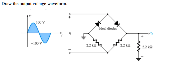 Draw the output voltage waveform.
100 V
"Ideal diodes
-100 V
2.2 k2
2.2 k2
2.2 k2
