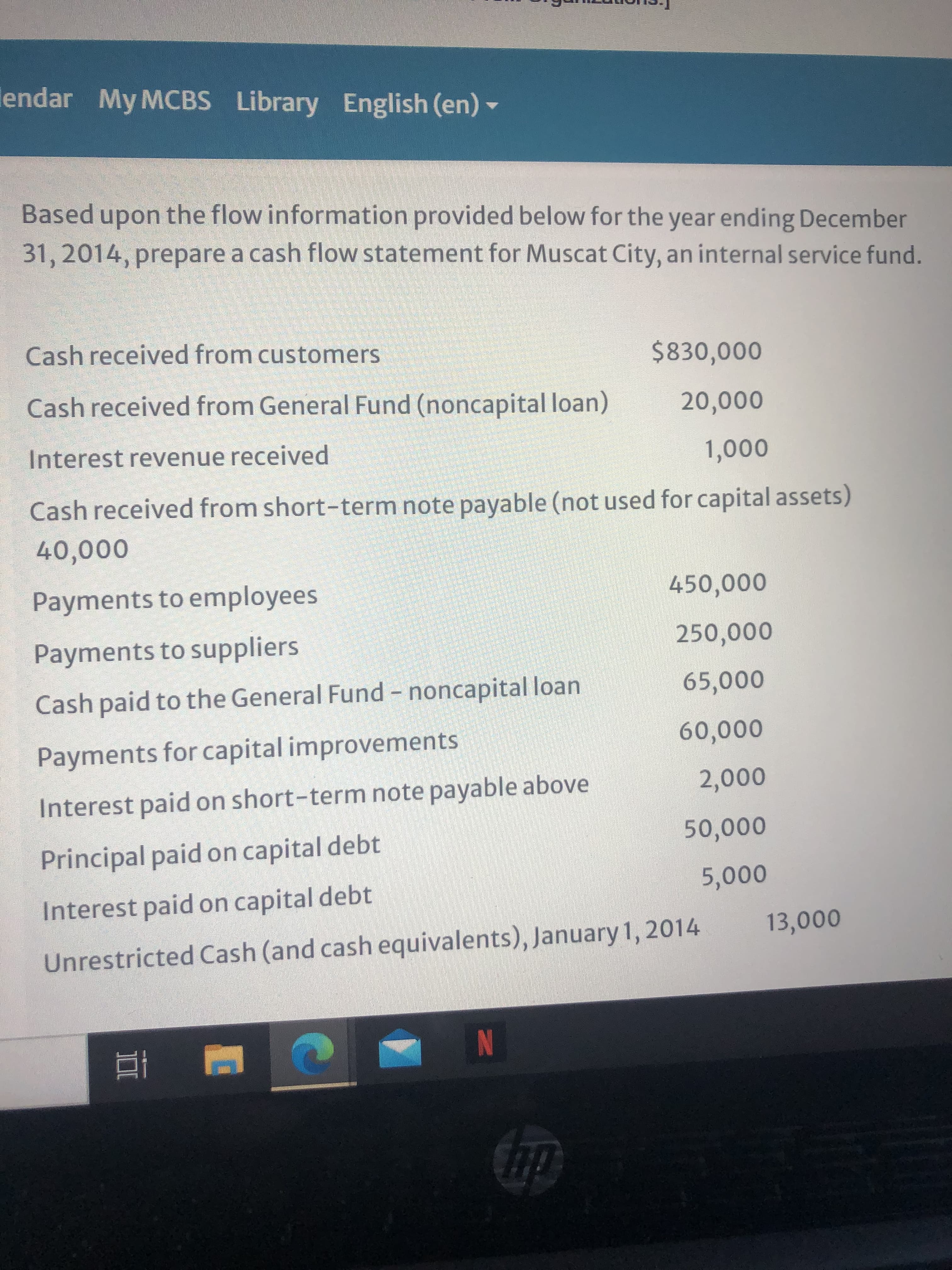Based upon the flow information provided below for the year ending December
31, 2014, prepare a cash flow statement for Muscat City, an internal service fund
