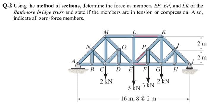 Q.2 Using the method of sections, determine the force in members EF, EP, and LK of the
Baltimore bridge truss and state if the members are in tension or compression. Also,
indicate all zero-force members.
N
M
B C
2 kN
P
DE F
5 kN 3 KN
16 m, 8 @ 2 m
K
2 kN
H
2m
2 m