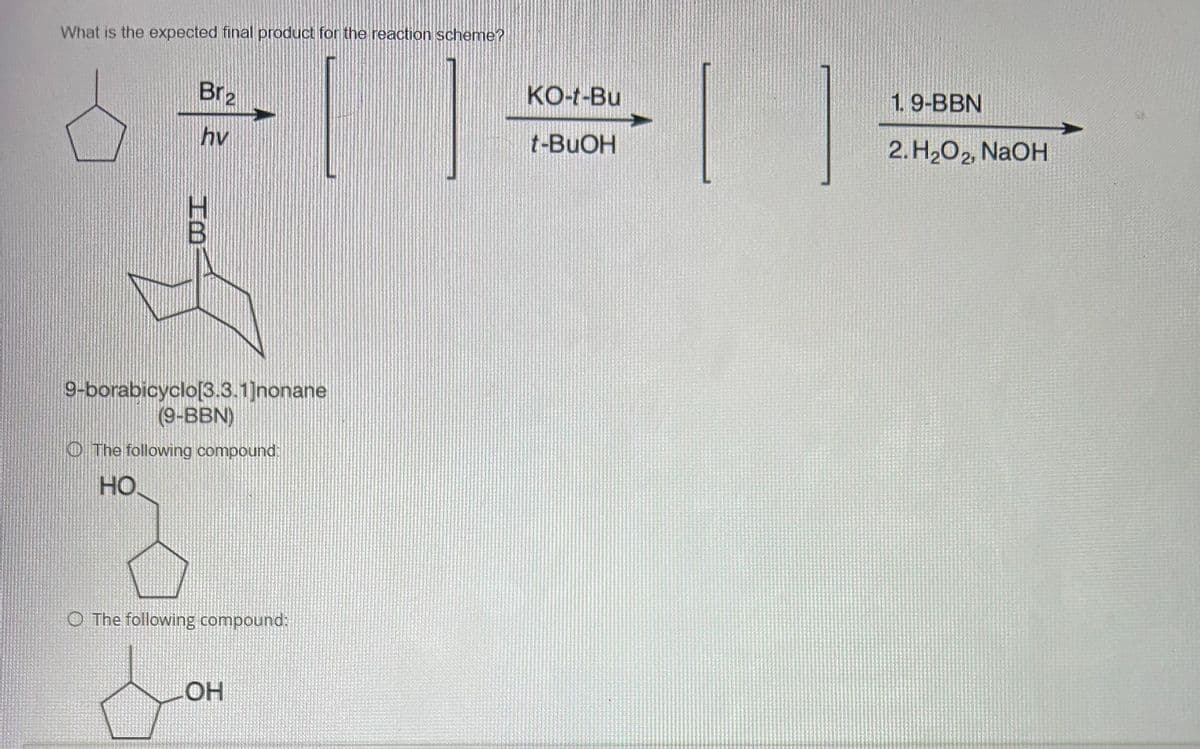 What is the expected final product for the reaction scheme?
Br2
hv
HB
B
9-borabicyclo[3.3.1]nonane
(9-BBN)
The following compound
HO
O The following compound:
OH
KO-t-Bu
1. 9-BBN
t-BuOH
2. H₂O2, NaOH