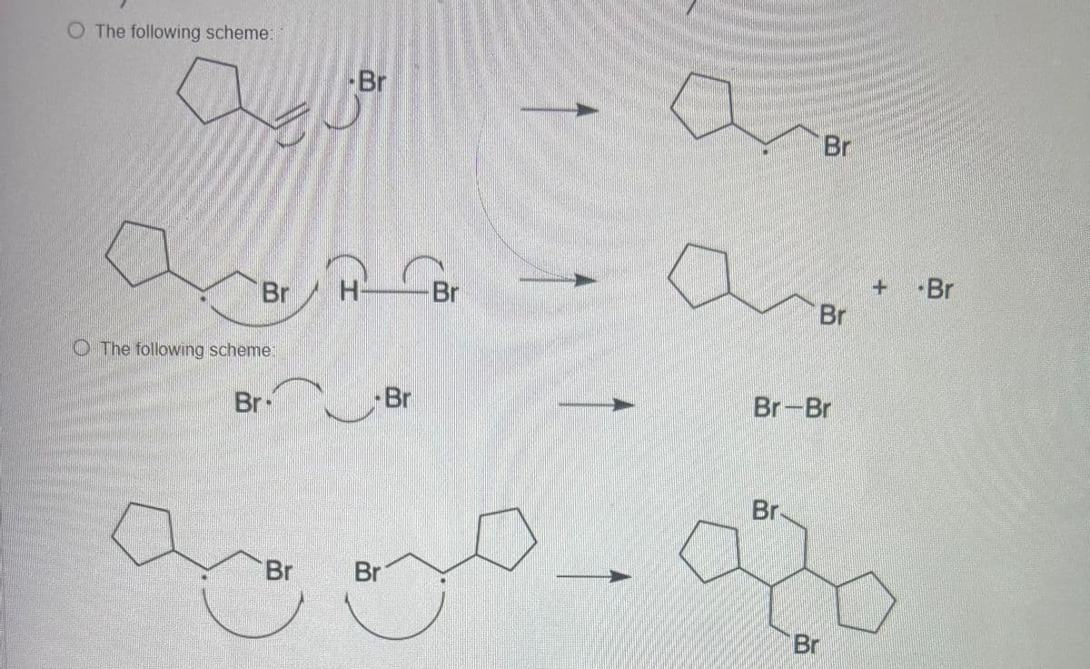 The following scheme:
-Br
Br
Br
H
Br
The following scheme
Br
Br
Br
Br
+
-Br
Br
Br-Br
Br
Br