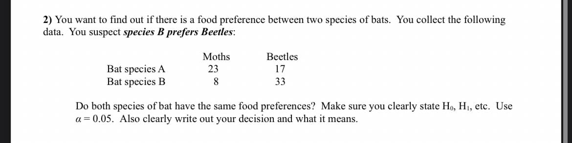 2) You want to find out if there is a food preference between two species of bats. You collect the following
data. You suspect species B prefers Beetles:
Moths
Bat species A
23
Beetles
17
Bat species B
8
33
Do both species of bat have the same food preferences? Make sure you clearly state Ho, H₁, etc. Use
a=0.05. Also clearly write out your decision and what it means.