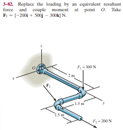 3-82. Replace the loading by an equivalent resultant
force and couple moment at point o. Take
F - (-200i + S00j - 300k) N.
F- 300 N
15 m
15m
F:- 200 N
