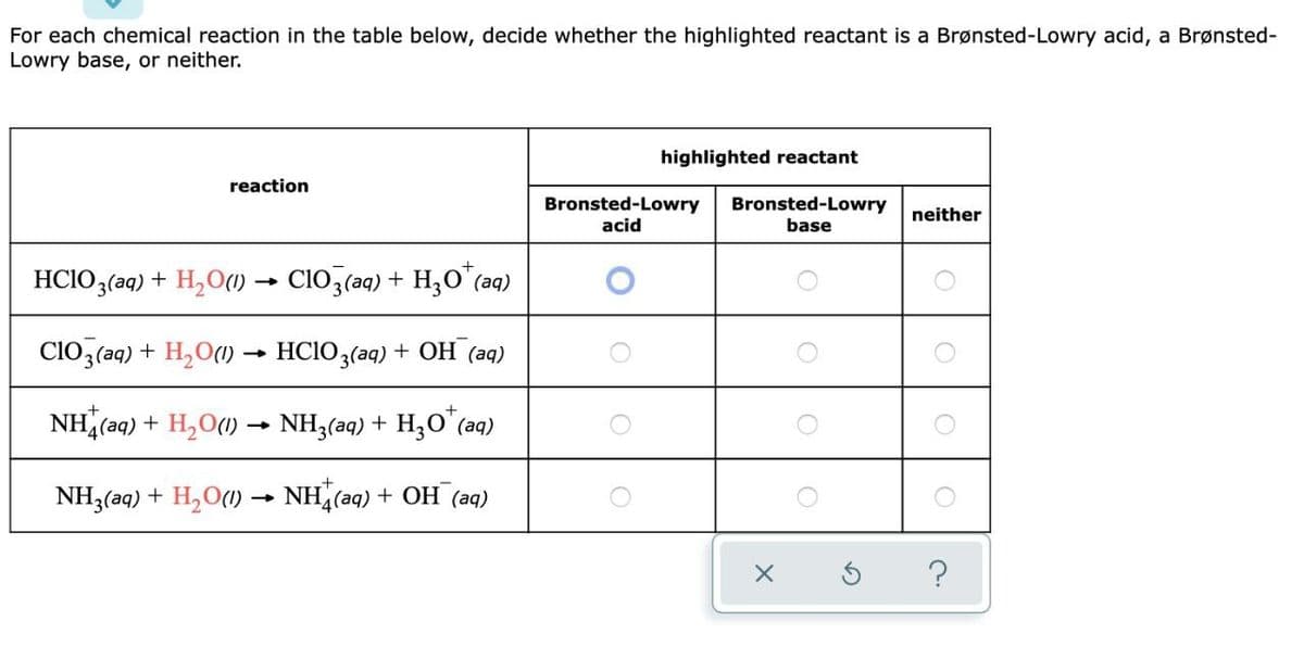 For each chemical reaction in the table below, decide whether the highlighted reactant is a Brønsted-Lowry acid, a Brønsted-
Lowry base, or neither.
highlighted reactant
reaction
Bronsted-Lowry
acid
Bronsted-Lowry
base
neither
HCIO3(aq) + H,O1) → ClO3(aq) + Hz,0"(aq)
CIO3 (aq) + H,O1) → HCIO3(aq) + OH (aq)
NH, (aq) + H,O(1) –→ NH3(aq) + H3O"(aq)
NH3(aq) + H,O(1) → NH,(aq) + OH (aq)
OOOO
