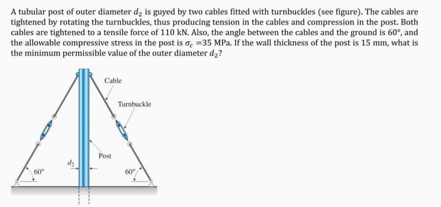 A tubular post of outer diameter d, is guyed by two cables fitted with turnbuckles (see figure). The cables are
tightened by rotating the turnbuckles, thus producing tension in the cables and compression in the post. Both
cables are tightened to a tensile force of 110 kN. Also, the angle between the cables and the ground is 60°, and
the allowable compressive stress in the post is o. =35 MPa. If the wall thickness of the post is 15 mm, what is
the minimum permissible value of the outer diameter d,?
Cable
Turnbuckle
Post
dz
60
60°
