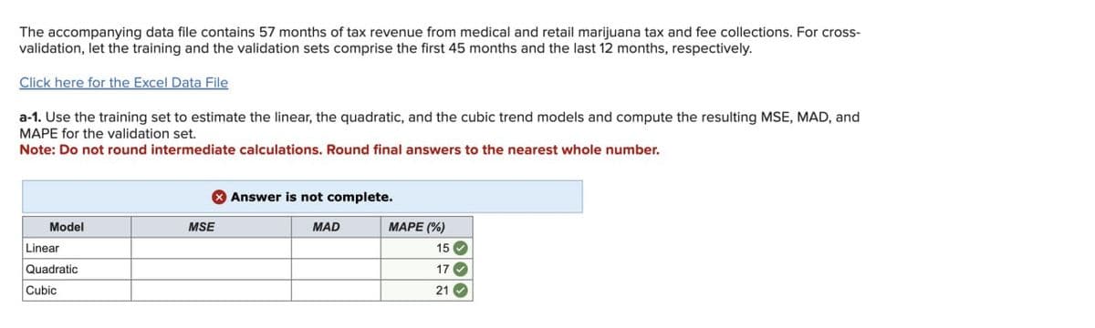 The accompanying data file contains 57 months of tax revenue from medical and retail marijuana tax and fee collections. For cross-
validation, let the training and the validation sets comprise the first 45 months and the last 12 months, respectively.
Click here for the Excel Data File
a-1. Use the training set to estimate the linear, the quadratic, and the cubic trend models and compute the resulting MSE, MAD, and
MAPE for the validation set.
Note: Do not round intermediate calculations. Round final answers to the nearest whole number.
Model
MSE
Linear
Quadratic
Cubic
Answer is not complete.
MAD
MAPE (%)
15
17
21
