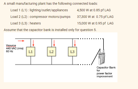 A small manufacturing plant has the following connected loads:
Load 1 (L1): lighting/outlet/appliances
4,500 W at 0.85 pf LAG
Load 2 (L2): compressor motors/pumps
37,300 W at 0.75 pf LAG
Load 3 (L3) : heaters
Assume that the capacitor bank is installed only for question 5.
15,000 W at 0.95 pf LAG
Vsource
440 VAC (rms)
60 Hz
L1
L2
L3
Capacitor Bank
for
power factor
improvement