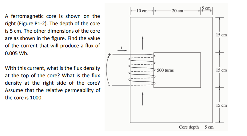 A ferromagnetic core is shown on the
right (Figure P1-2). The depth of the core
is 5 cm. The other dimensions of the core
are as shown in the figure. Find the value
of the current that will produce a flux of
0.005 Wb.
With this current, what is the flux density
at the top of the core? What is the flux
density at the right side of the core?
Assume that the relative permeability of
the core is 1000.
10 cm-
- 20 cm
500 turns
5 cm|
Core depth 5 cm
15 cm
+
15 cm
15 cm