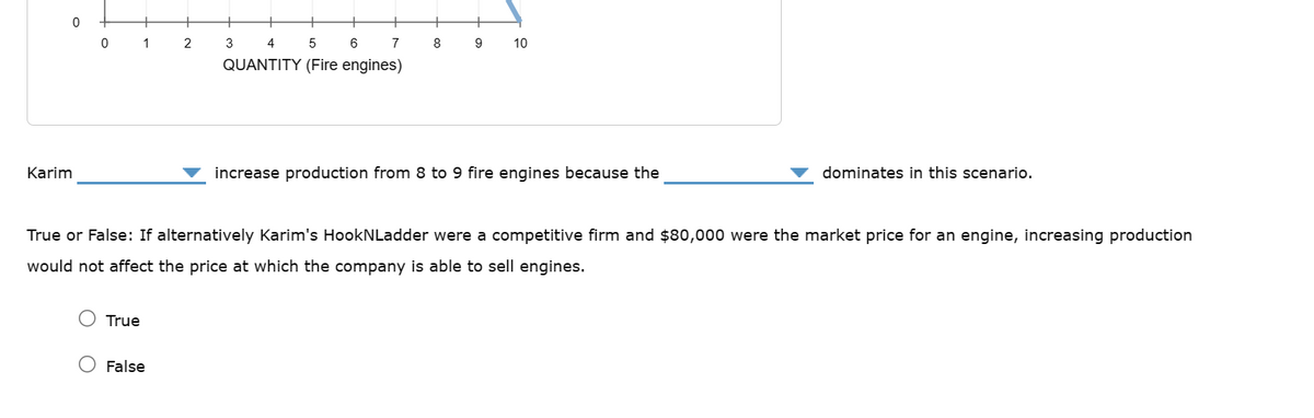 Karim
0
0
+
1
True
2
O False
3 4 5 6 7 8
QUANTITY (Fire engines)
9 10
increase production from 8 to 9 fire engines because the
True or False: If alternatively Karim's HookNLadder were a competitive firm and $80,000 were the market price for an engine, increasing production
would not affect the price at which the company is able to sell engines.
dominates in this scenario.