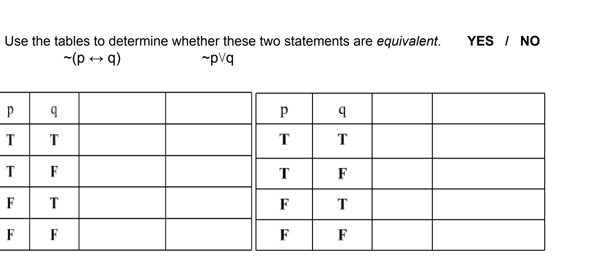 YES / NO
Use the tables to determine whether these two statements are equivalent.
pVq
9
