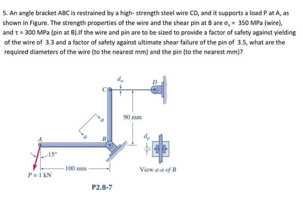 5. An angle bracket ABC is restrained by a high- strength steel wire CD, and it supports a load P at A, as
shown in Figure. The strength properties of the wire and the shear pin at B are a, = 350 MPa (wire),
and t= 300 MPa (pin at B).If the wire and pin are to be sized to provide a factor of safety against yielding
of the wire of 3.3 and a factor of safety against ultimate shear failure of the pin of 3.5, what are the
required diameters of the wire (to the nearest mm) and the pin (to the nearest mm)?
90 mm
B
15°
-100 mm
View a-a of B
P = 1 kN
P2.8-7
---
