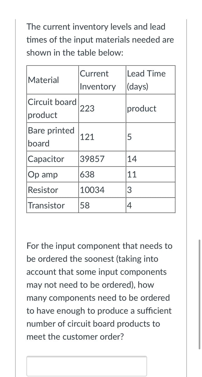 The current inventory levels and lead
times of the input materials needed are
shown in the table below:
Current
Lead Time
Material
Inventory (days)
Circuit board
223
product
product
Bare printed
121
board
|Сарacitor
39857
14
Op amp
638
11
Resistor
10034
3
Transistor
58
4
For the input component that needs to
be ordered the soonest (taking into
account that some input components
may not need to be ordered), how
many components need to be ordered
to have enough to produce a sufficient
number of circuit board products to
meet the customer order?
