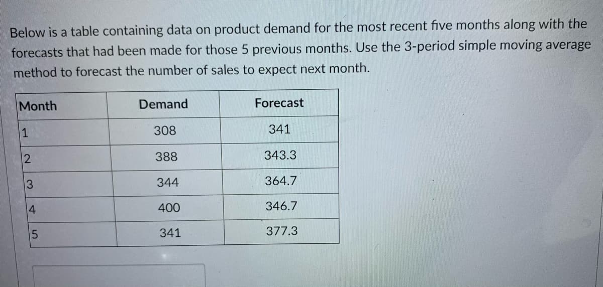 Below is a table containing data on product demand for the most recent five months along with the
forecasts that had been made for those 5 previous months. Use the 3-period simple moving average
method to forecast the number of sales to expect next month.
Month
Demand
Forecast
1
308
341
388
343.3
3
344
364.7
4
400
346.7
341
377.3
