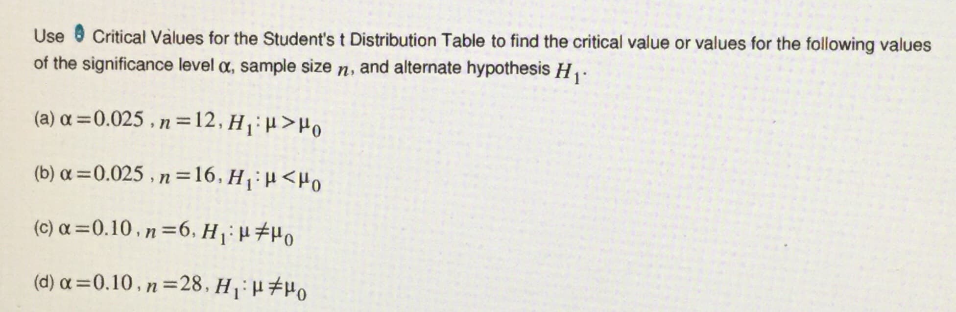 Critical Values for the Student's t Distribution Table to find the critical value or values for the following values
Use
of the significance level o, sample size n, and alternate hypothesis Hi
(a) o 0.025, n = 12, H1 >Ho
(b) o 0.025, n= 16, H
HHo
(c) a 0.10. n6. H1 Ho
(d) a 0.10. n 28, H1 HHo
